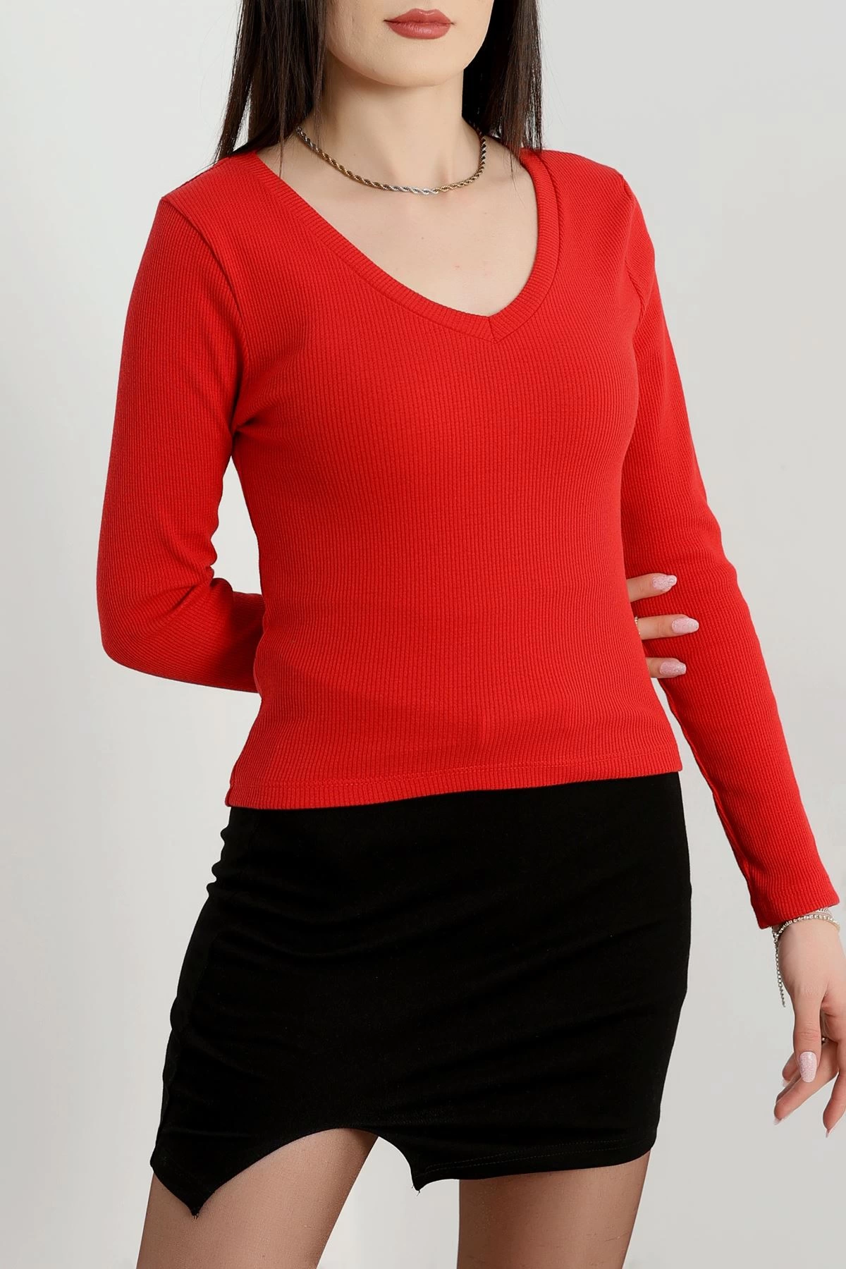 V yaka kaşkorse bluz kırmızı a3699