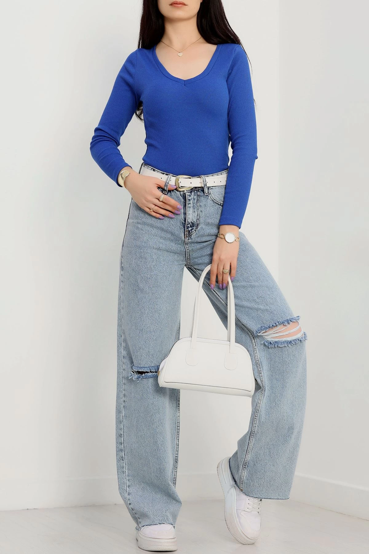 V yaka kaşkorse bluz saks mavisi a3699