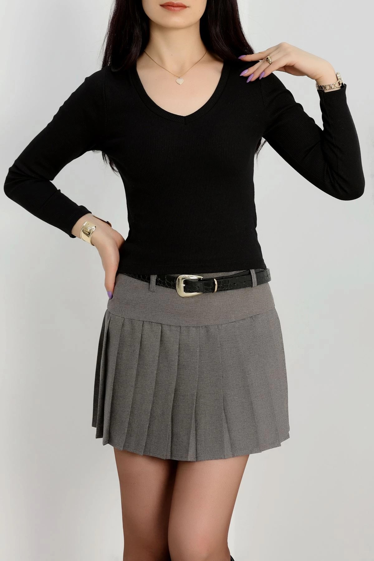 V yaka kaşkorse bluz siyah a3699