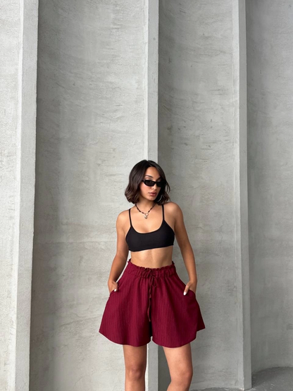 Volanlı keten şort bordo s255058
