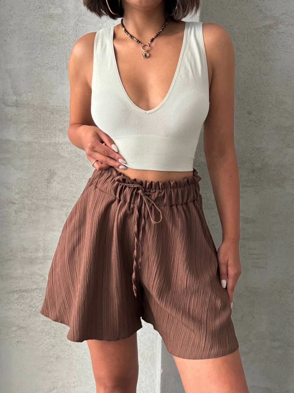 Volanlı keten şort kahve s255058