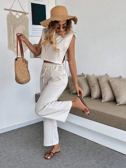 Yan bağlama detaylı pantolonlu takım bej