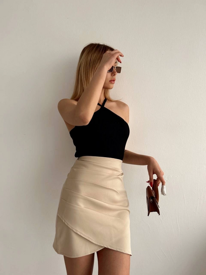 Yandan drapeli asimetrik etek bej s24771
