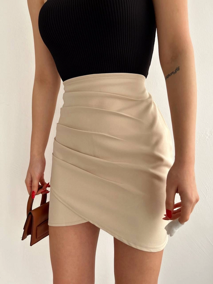 Yandan drapeli asimetrik etek bej s24771