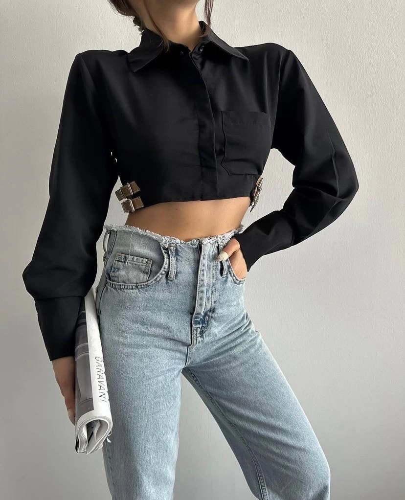 Yanı kemer detaylı crop gömlek siyah s4009