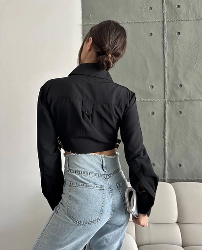 Yanı kemer detaylı crop gömlek siyah s4009