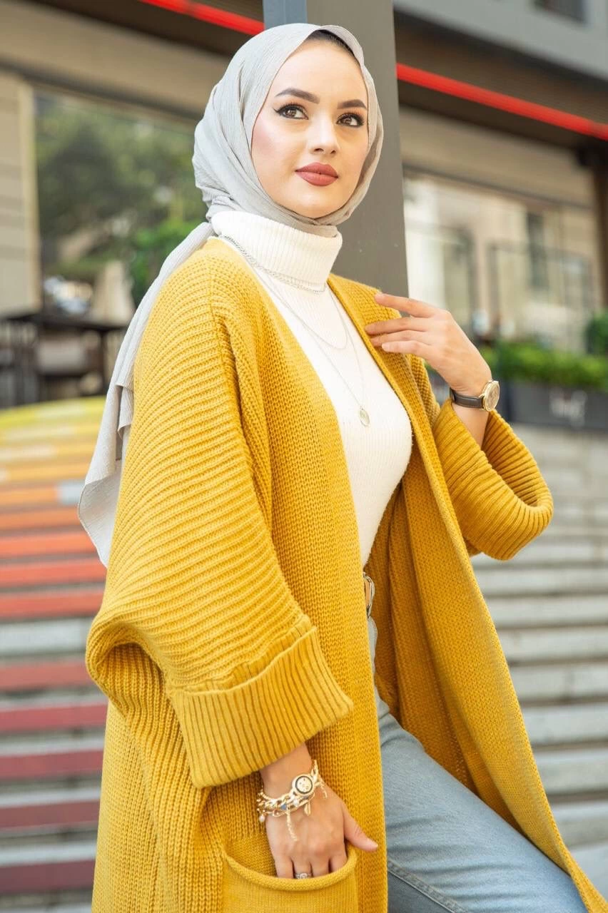 Yarasa kol uzun triko hırka hardal