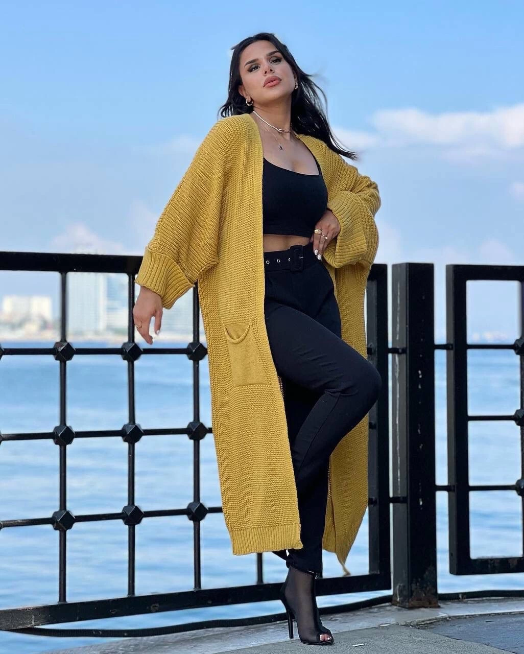 Yarasa kol uzun triko hırka hardal