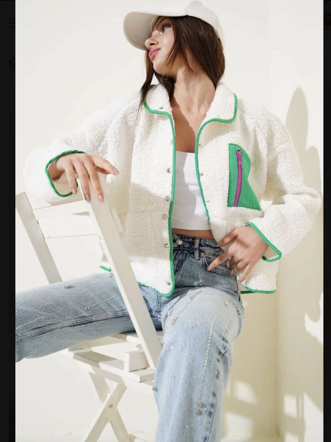 Yeşil fermuar cepli kuzu mont beyaz t1085