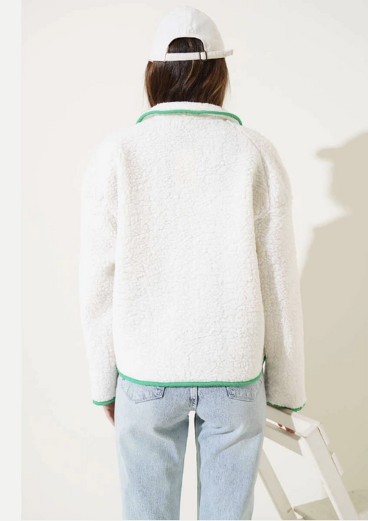 Yeşil fermuar cepli kuzu mont beyaz t1085