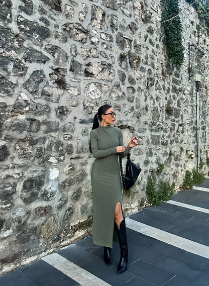 Yırtmaçlı kalın bürümcük uzun elbise Yeşil