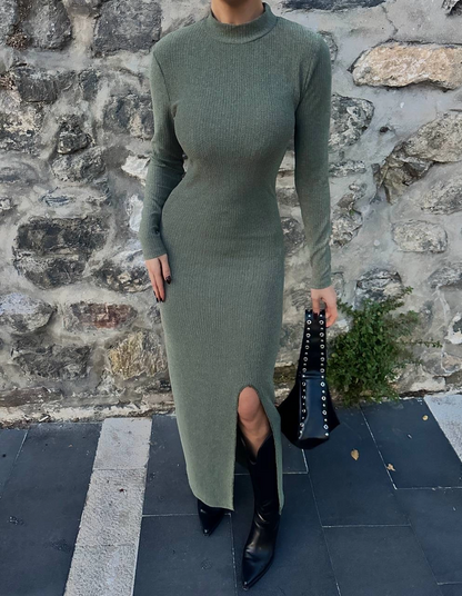 Yırtmaçlı kalın bürümcük uzun elbise Yeşil