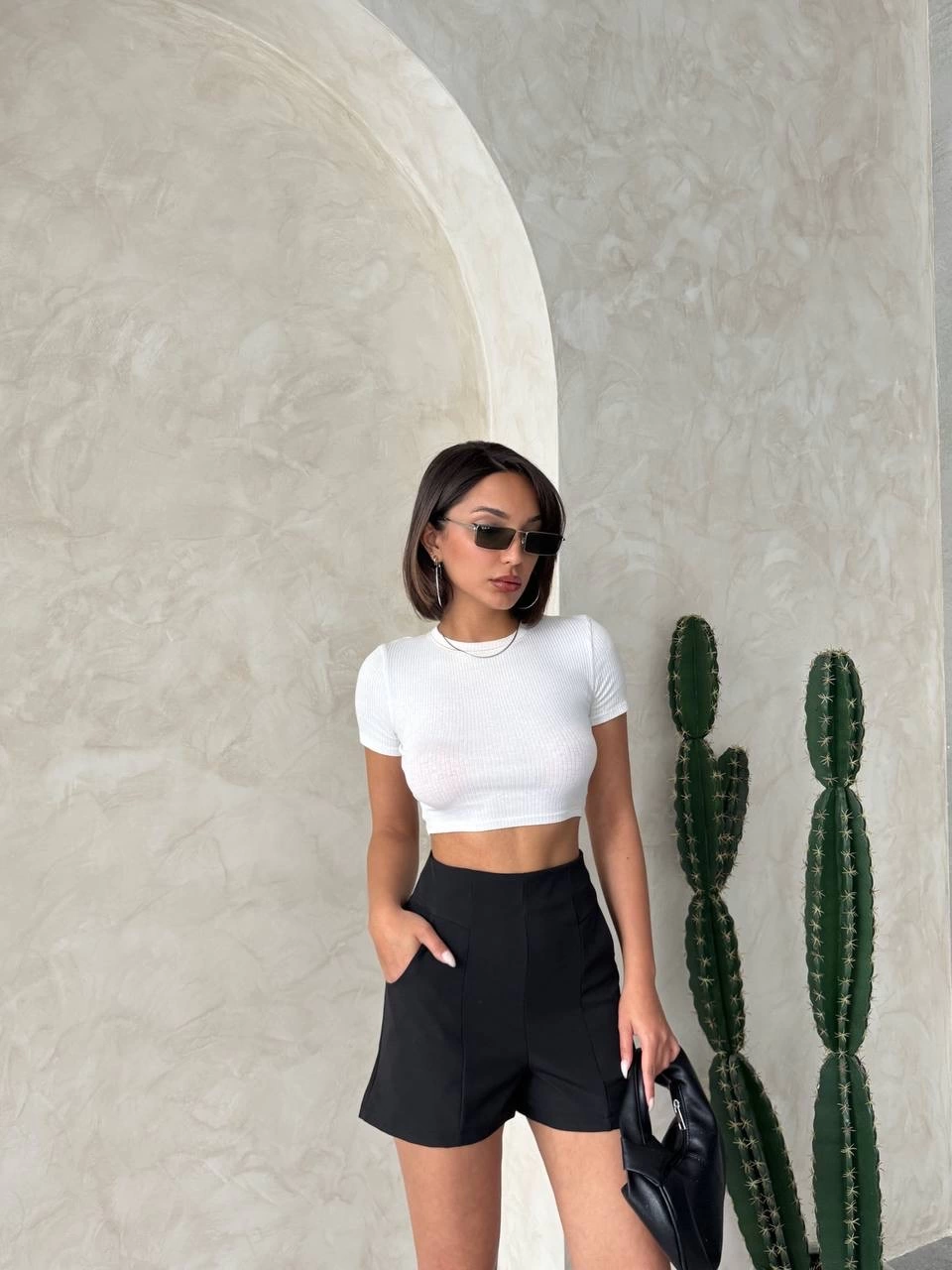 Yüksek bel parçalı double kumaş şort s25312