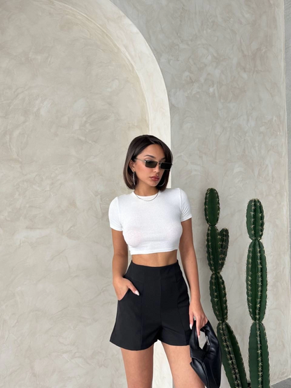 Yüksek bel parçalı double kumaş şort s25312