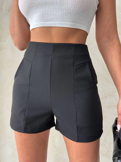 Yüksek bel parçalı double kumaş şort s25312