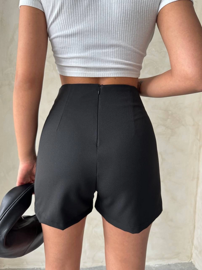 Yüksek bel parçalı double kumaş şort s25312