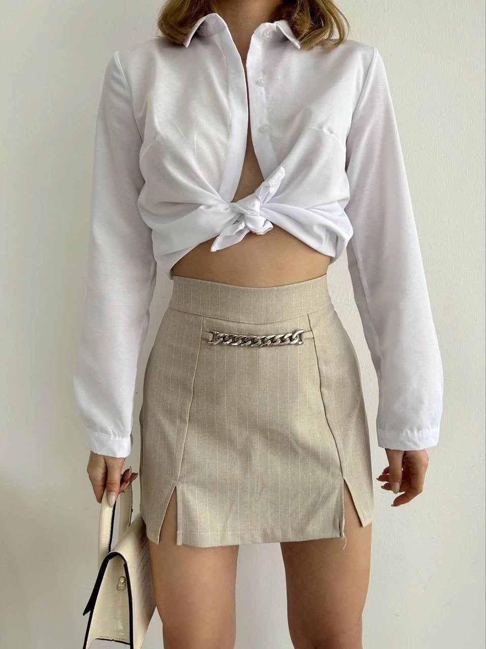 Zincir detaylı çizgili şort etek