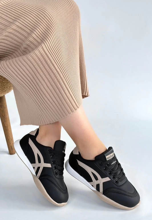 Zlay Siyah Cilt Bej Detaylı Bağcıklı Spor Ayakkabı